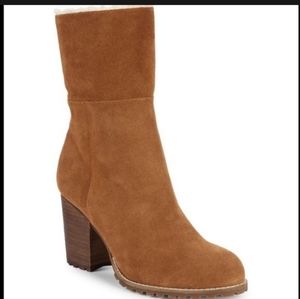 JOVIE FAUX FUR-LINED SUEDE BOOTIES IN COGNAC SIZE 7.5